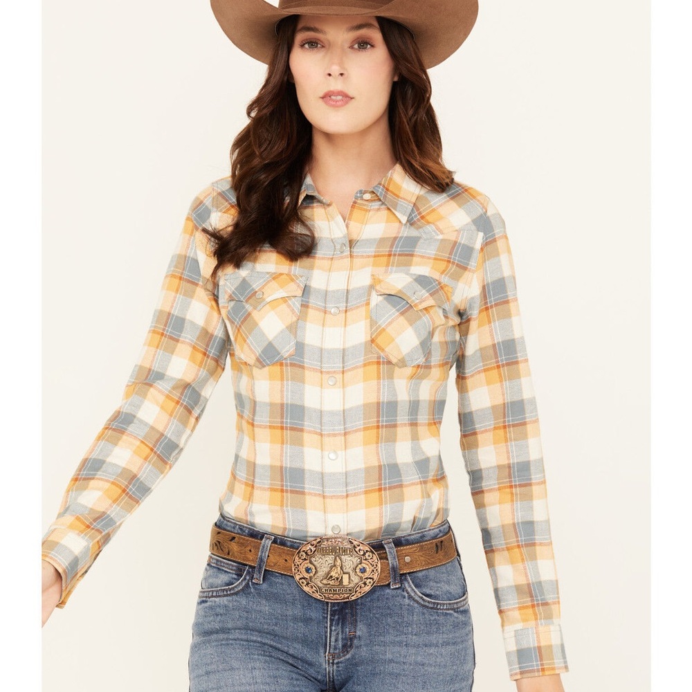 Wrangler Yellow Gray Plaid Button-Down Western Shirt